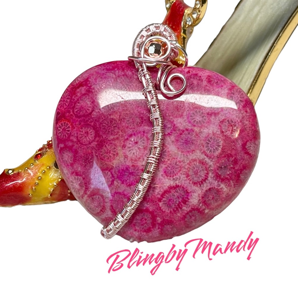 Pink Coral chrysanthemum fossil heart pendant